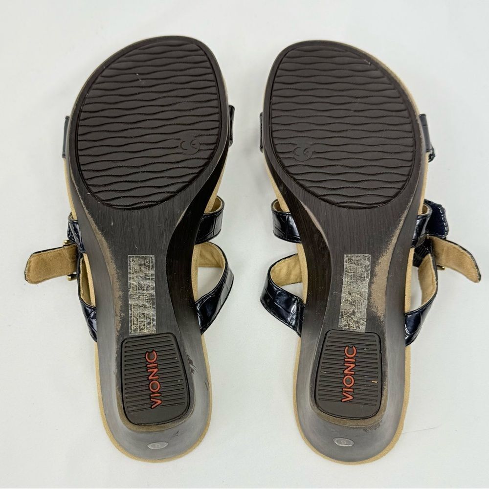 Vionic RADIA Blue Patent Reptile Embossed Triple T Strap Slide Wedge Sandals - Picture 13 of 14